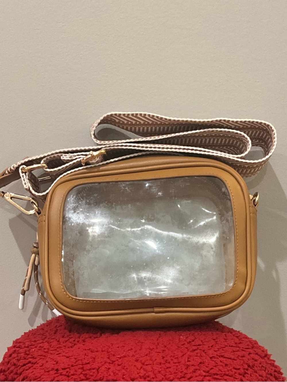 Clear Front Tan Crossbody Bag with Adjustable Strap